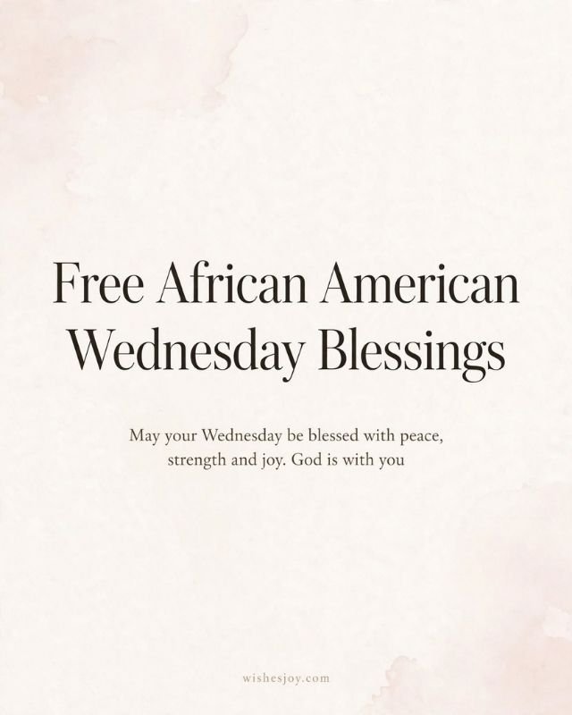 African American Wednesday Blessings graphic with a soft blue and white watercolor background, surrounded by green tropical leaves and palm foliage. The center features the text “AFRICAN AMERICAN Wednesday Blessings” and a message about resilience, faith, and God’s divine plan. Website: WishesJoy.com.