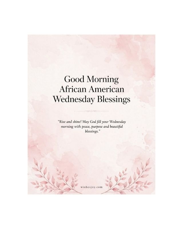 African American Wednesday Blessings graphic with a soft blue and white watercolor background, surrounded by green tropical leaves and palm foliage. The center features the text “AFRICAN AMERICAN Wednesday Blessings” and a message about resilience, faith, and God’s divine plan. Website: WishesJoy.com.