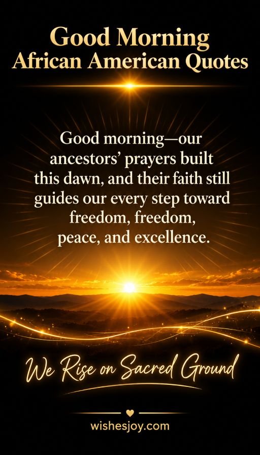 Good Morning African American Quotes – Inspirational morning blessings celebrating faith, heritage, freedom, and excellence with a golden sunrise, by WishesJoy.com.