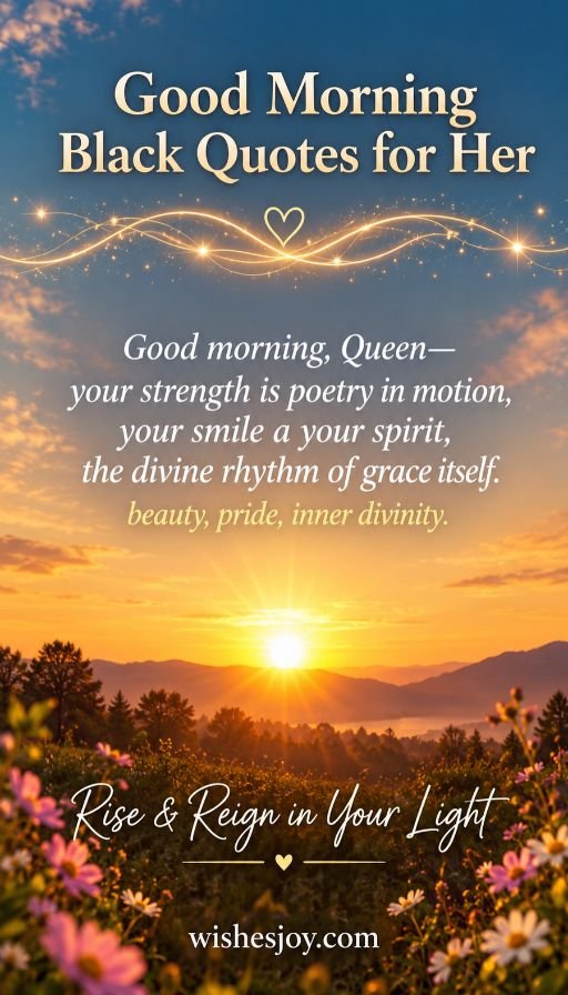 ood Morning Black Quotes for Her – Inspirational sunrise image with golden sky, glowing light, and beautiful flowers, featuring an empowering quote about strength, grace, beauty, and inner divinity. Rise & Reign in Your Light. wishesjoy.com