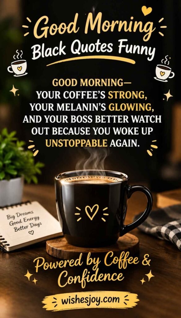 Good Morning Black Quotes Funny – A motivational coffee quote about strength, confidence, and melanin, featuring a steaming black coffee mug on a wooden table with golden typography and wishesjoy.com branding.
