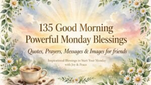 135 Good Morning Powerful Monday Blessings – inspirational quotes, prayers, messages, and images for friends. Beautiful watercolor daisies, green leaves, a warm cup of coffee, and soft pastel colors create a peaceful Monday morning blessing design. Find uplifting Monday blessings to start the week with joy and peace. WishesJoy.com