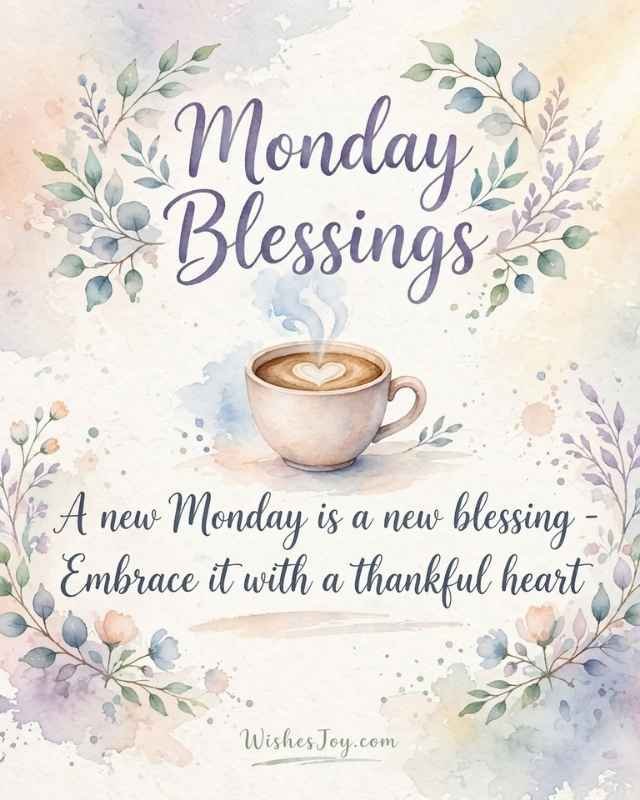 135 Good Morning Powerful Monday Blessings – inspirational quotes, prayers, messages, and images for friends. Beautiful watercolor daisies, green leaves, a warm cup of coffee, and soft pastel colors create a peaceful Monday morning blessing design. Find uplifting Monday blessings to start the week with joy and peace. WishesJoy.com