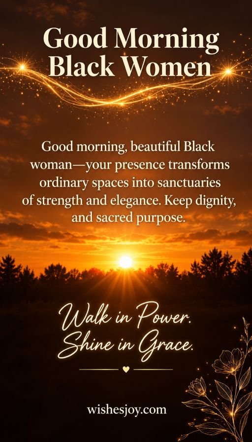 Good Morning Black Women inspirational quote with a glowing golden sunrise, sparkling light trails, and elegant floral designs. Features an empowering message celebrating Black women's strength, elegance, dignity, and purpose, with the phrase “Walk in Power. Shine in Grace.” and website wishesjoy.com.
