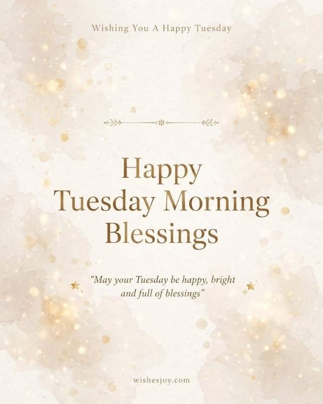 Tuesday Morning Blessings graphic with a soft watercolor background, green tropical leaves framing the corners, and centered text reading “TUESDAY Morning Blessings.” The image includes an inspirational message about finding peace, embracing change, growth, and hidden blessings in every season. Website: WishesJoy.com.