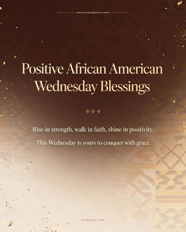 African American Wednesday Blessings graphic with a soft blue and white watercolor background, surrounded by green tropical leaves and palm foliage. The center features the text “AFRICAN AMERICAN Wednesday Blessings” and a message about resilience, faith, and God’s divine plan. Website: WishesJoy.com.