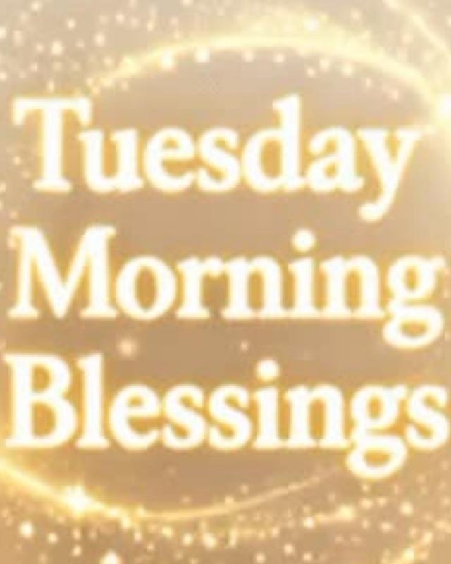 Tuesday Morning Blessings graphic with a soft watercolor background, green tropical leaves framing the corners, and centered text reading “TUESDAY Morning Blessings.” The image includes an inspirational message about finding peace, embracing change, growth, and hidden blessings in every season. Website: WishesJoy.com.
