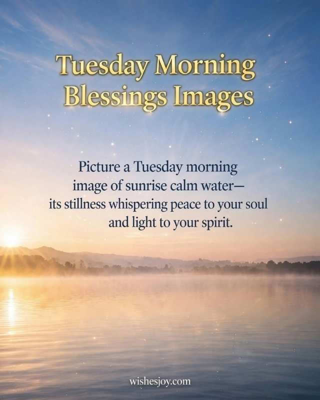 Tuesday Morning Blessings graphic with a soft watercolor background, green tropical leaves framing the corners, and centered text reading “TUESDAY Morning Blessings.” The image includes an inspirational message about finding peace, embracing change, growth, and hidden blessings in every season. Website: WishesJoy.com.