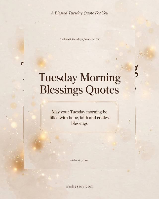 Tuesday Morning Blessings graphic with a soft watercolor background, green tropical leaves framing the corners, and centered text reading “TUESDAY Morning Blessings.” The image includes an inspirational message about finding peace, embracing change, growth, and hidden blessings in every season. Website: WishesJoy.com.