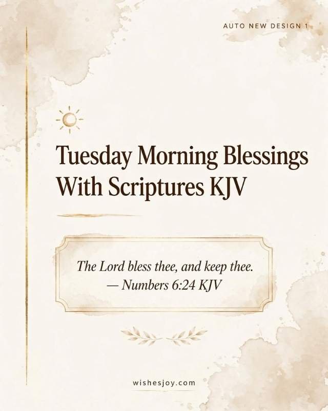 Tuesday Morning Blessings graphic with a soft watercolor background, green tropical leaves framing the corners, and centered text reading “TUESDAY Morning Blessings.” The image includes an inspirational message about finding peace, embracing change, growth, and hidden blessings in every season. Website: WishesJoy.com.